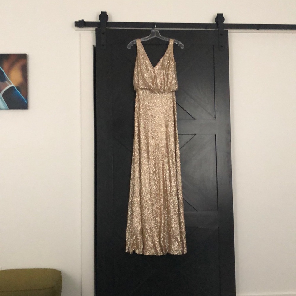 SORELLA VITA full length gold sequin gown.